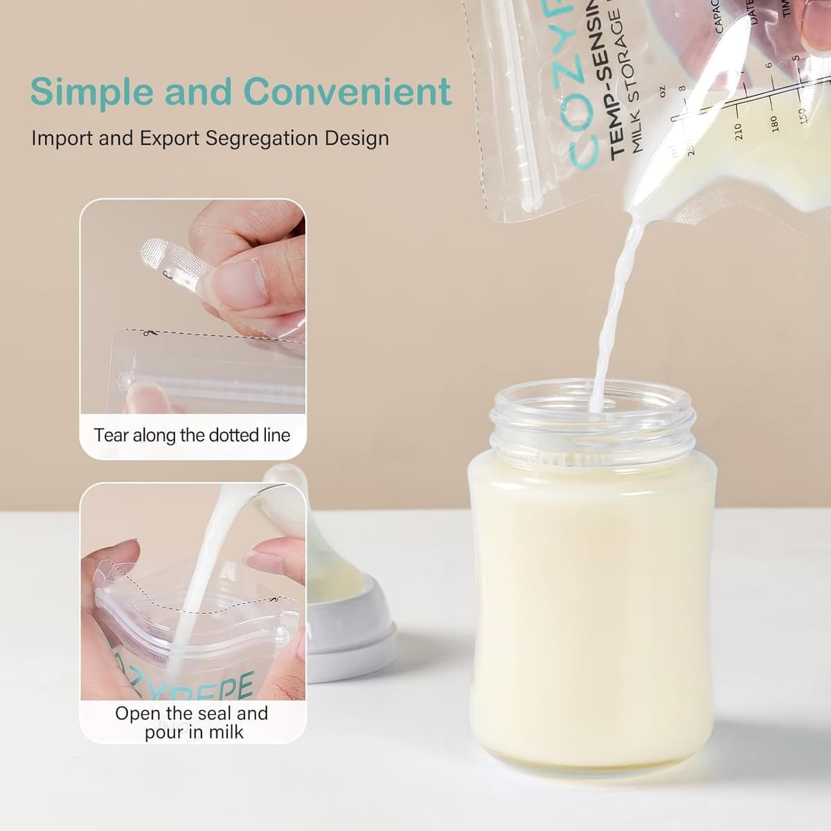 100 Pcs Breastmilk Storage Bags, 8oz/250ml Breast Milk Storing Bag with Pour Spout, Temperature-Sensing Color Change Milk Bag for Convenient Breastfeeding, No Leak Presterilized for Freezer — view 4