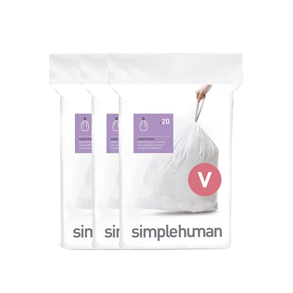 simplehuman CW0408 3 x paquete de 20 bolsas de basura a medida (60 bolsas), código V, plástico blanco