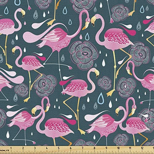 Ambesonne Flamingos Fabric by The Yard, Exotic Bird Pattern with Flowers Hearts and Raindrops Tropical, Decorative Fabric for Upholstery and Home Accents, 1 Yard, Green and Pink