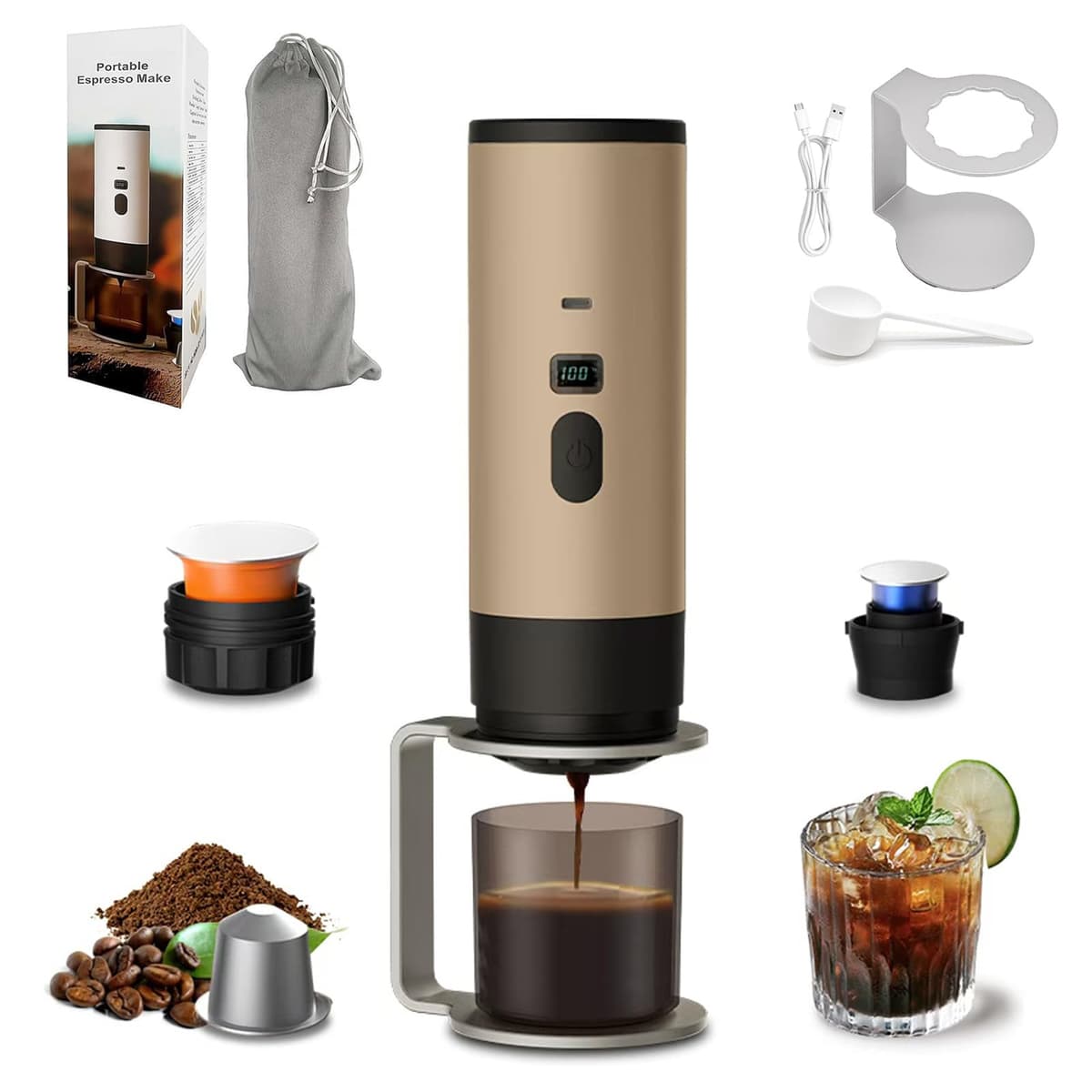 3-in-1 Portable Coffee Maker, 15 Bar Portable Espresso Machine with LED Display and 90ml Sink, Compatible with Ground Coffee & Capsules(Ns&DG) for RV, Hiking, Office, Auto-Heating, USB-C (Purple) — view 12