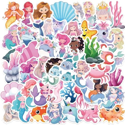 50Pcs Mermaid Sticker, Cute Marine Organism Stickers for Kids Teens Adults, Vinyl Cartoon Pink Animals Decals Kawaii Sticker for Decor Water Bottles Laptops Guitar Scrapbook (Mermaid)