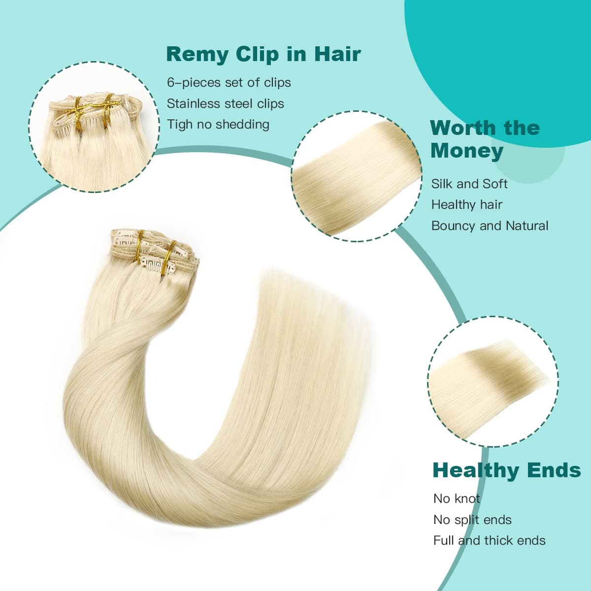 SURNEL Extensiones Clip Pelo Natural 100g 40cm 6 Piezas Rubio Platino Claro Extensiones De Clip De Humano Real Extensiones Pelo Remy Natural (C#60-40cm) — view 4