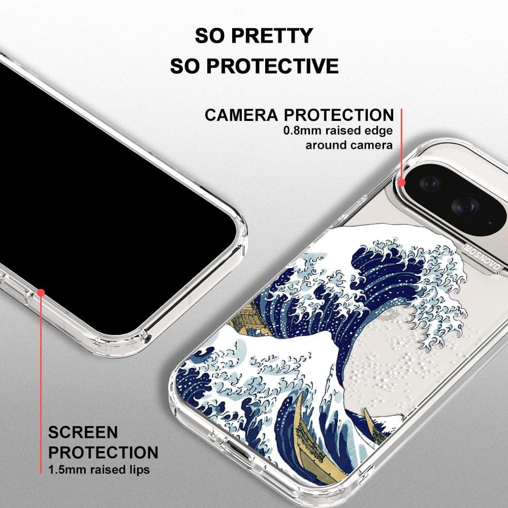 MOSNOVO Case for Google Pixel 9 & Pixel 9 Pro, [Buffertech 6.6ft Military-Grade Drop Protection] [Anti Peel Off Tech] Clear TPU Bumper Phone Case Cover Design - Great Wave — view 4