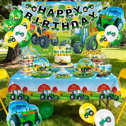 Tractor Birthday Party Decorations Supplies, 16 Guests Tractor Party Tableware Set Includes Tractor Plates Tablecloth Backdrop Balloons Cake Toppers etc Tractor Birthday Party Supplies — view 5