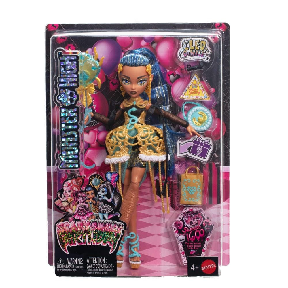 Monster High Cumplespantos Cleo De Nile Muñeca con vestido de fiesta dorado y accesorios temáticos como una invitación, un globo, un regalo, un pintalabios y mucho más, JBG76 — view 6