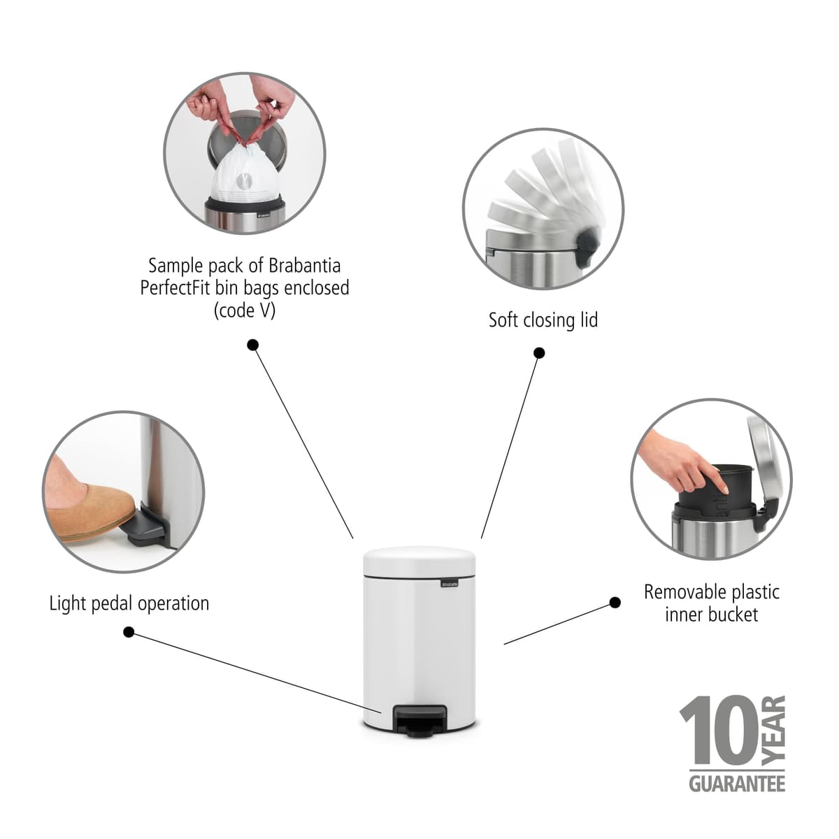 Brabantia Cubo de basura con pedal, Blanco, 3 l — view 2