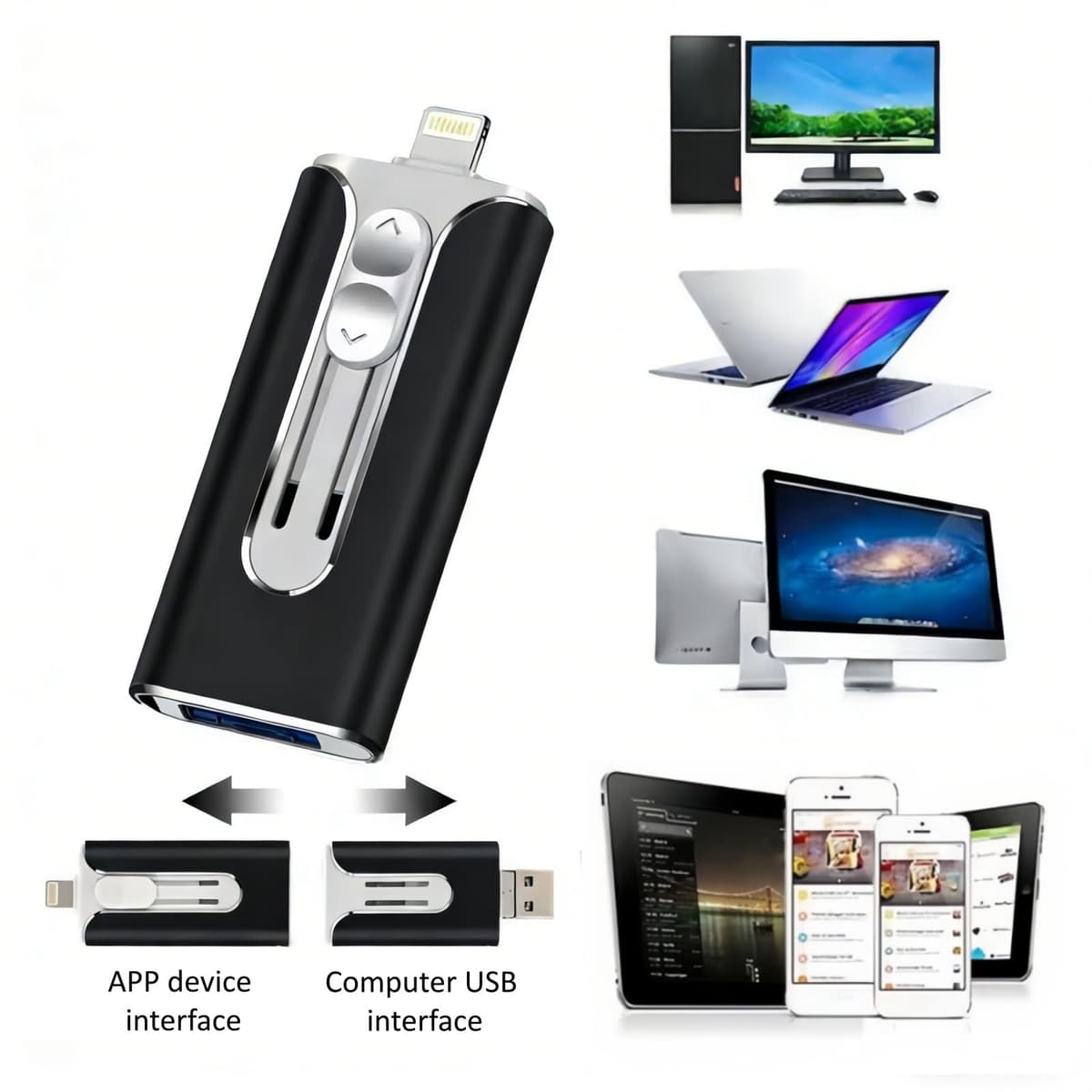 3-in-1 Flash Drive, 64GB Large Capacity Memory Stick Compatible with iOS/Android/PC, USB Flash Drive for Mobile Phones and Computers, High-Speed Memory Stick for External Data Storage (Black) — view 4