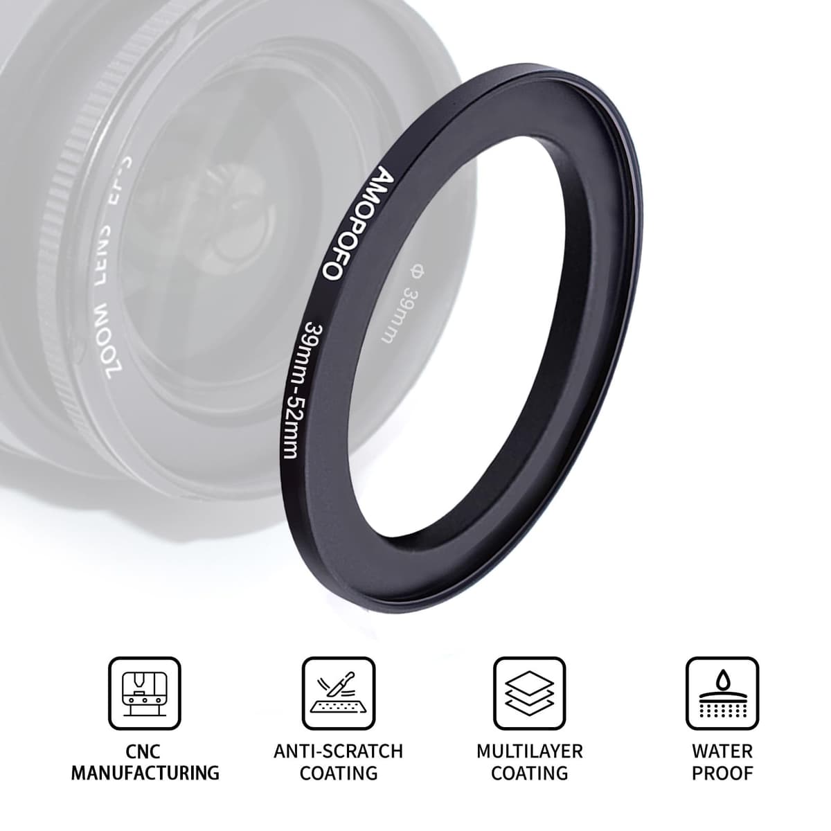 39mm Lens to 52mm Camera Filter Ring,39mm-52mm Step Up Ring For Filters,Made Of CNC Machined aluminum.for 52mm UV,ND,CPL Camera Filter accessories — view 2
