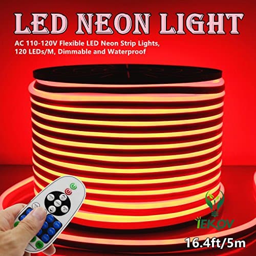 LED NEON LIGHT, IEKOV™ AC 110-120V Flexible LED Neon Strip Lights, 120 LEDs/M, Waterproof 2835 SMD LED Rope Light + Controller Power Cord for Home Decoration (16.4ft/5m, Red)