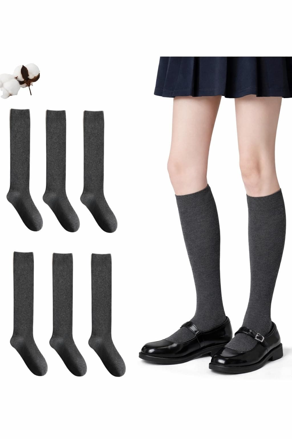 CYS Calcetines 6 Pares De Colegio Escolares Medias Largos Altos Algodón Hasta rodillas Lisos Para Niñas Niños Infantiles Uniformes Unisex — view 18
