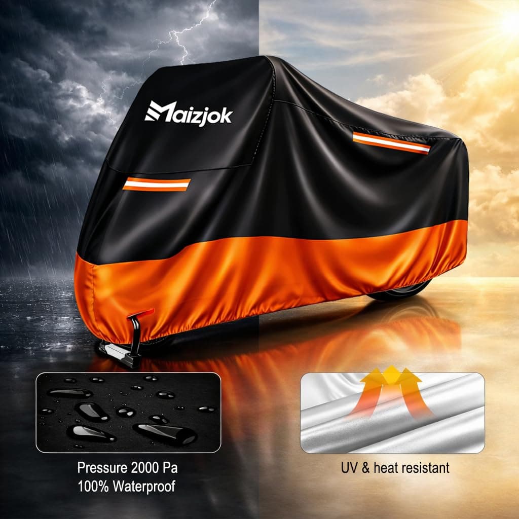 Maizjok® Motorbike Cover Waterproof Outdoor, Motorcycle Cover Heavy Duty 210D Rain UV Dust Indoor, All Weather Covering for Scooter Moped Street/Off Road/Scrambler Motorbike (96.5 x 41.3 x 49.2 in) — view 2