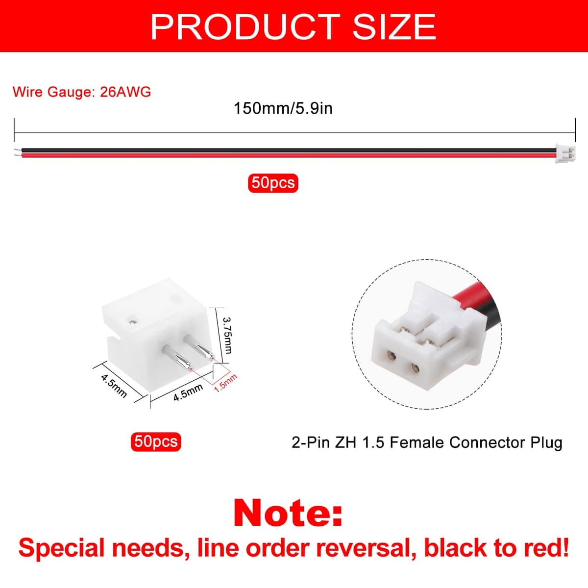 50 Juegos Conectores JST 1.5 ZH, Mini Micro JST ZH 2 Pin Conector Macho con Cable de 150mm 26AWG y Hembra (Negro Rojo) — view 2