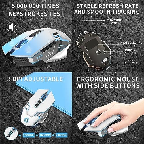 Wireless Mouse Gaming Bluetooth Mouse, Quiet Click, 800mAh Durable Rechargeable Battery, Multi Device, 7 Buttons,Light up Computer Mice for Laptop PC iPad Tablet MacBook Office Gamer - White — view 5