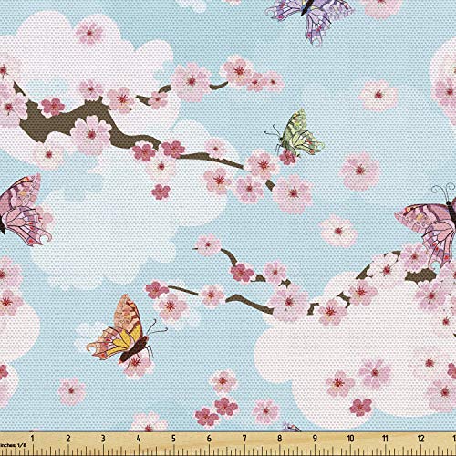 Ambesonne Cherry Blossom Fabric by The Yard, Fantasy Composition with Spring Inspired Nature Elements Butterflies Clouds, Decorative Fabric for Upholstery and Home Accents, 1 Yard, Pastel Blue
