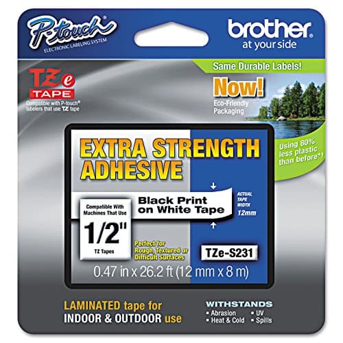Brother Genuine TZe-S231 Black on White Extra Strength Adhesive Tape for P-Touch Label Makers, 12 mm Wide x 8 m Long