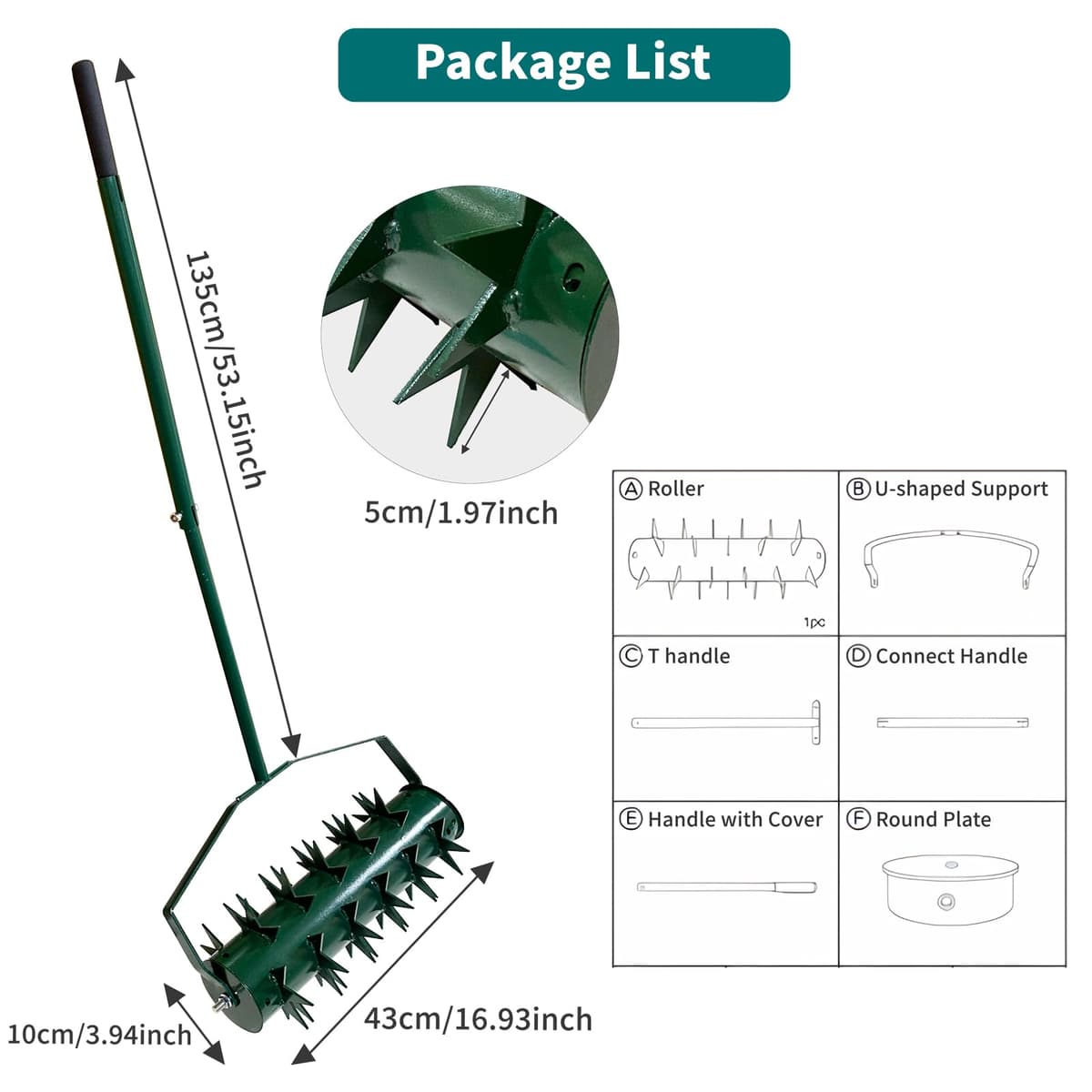 Manual Lawn Aerator, Roller Type Lawn Aerator, Lawn Roller with 2" Handle and Nails and Handle, Manual Scarifier Lawn Roller for Patios, Lawns in Garden — view 7