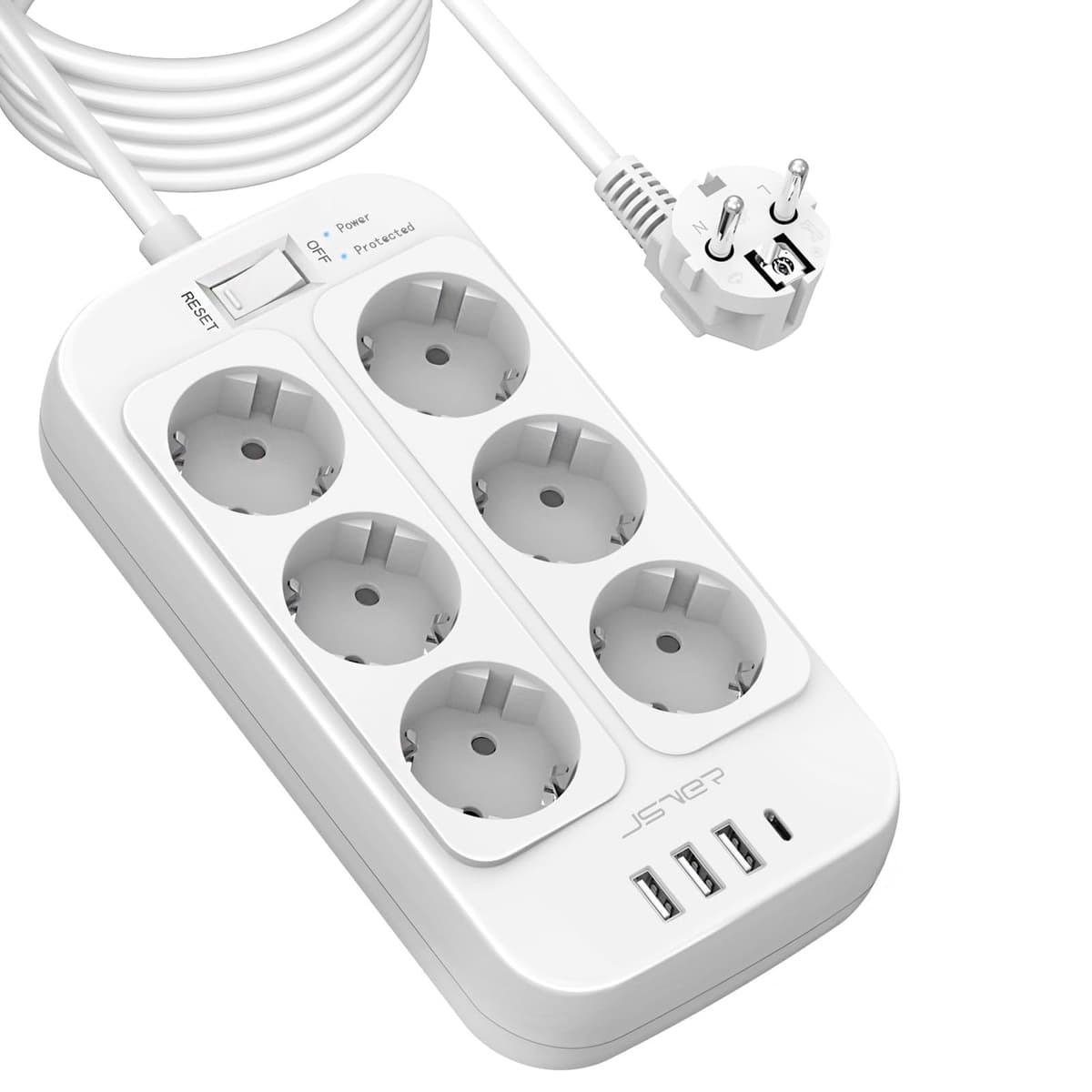 JSVER Regleta Enchufes USB, Proteccion Sobretension con 8 Toma de Corriente y 4 Puertos(5V3,4A) Estación de Carga Inteligente Tomas Alargadora con Cable 1.8m-Negro — view 17