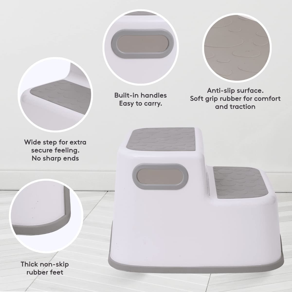 Straame Double Step Stool for Kids, Non-Slip 2 Step Stool for Toddlers with Built-in Handles, Step Stool for Potty Training, Bathroom and Kitchen, Sturdy and Practical Design (White) — view 3