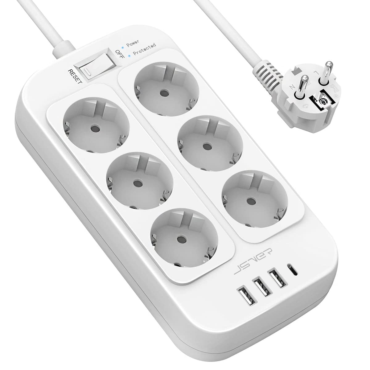 JSVER Regleta Enchufes USB, Proteccion Sobretension con 8 Toma de Corriente y 4 Puertos(5V3,4A) Estación de Carga Inteligente Tomas Alargadora con Cable 1.8m-Negro — view 18