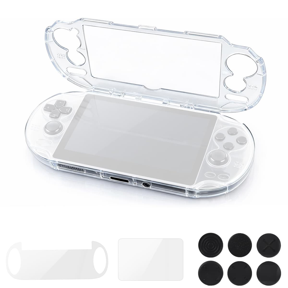 Clear Crystal Hard Shell Case Set for Sony PS Vita PSV 1000 PCH-1000 Game Console, Clear Protective Case with Tempered Glass Protective Films & Joystick Caps for Retro Game Enthusiasts