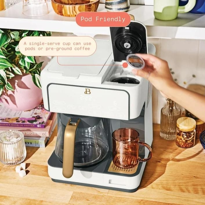 Beauti Multi Brew 12 Cup Programmable Drip & Single Serve Coffee Maker, Versatile Brewing (6oz, 8oz, 10oz, 12oz, 14oz), Pods or Ground, Over Ice option, Keep Warm mode (White) — view 4