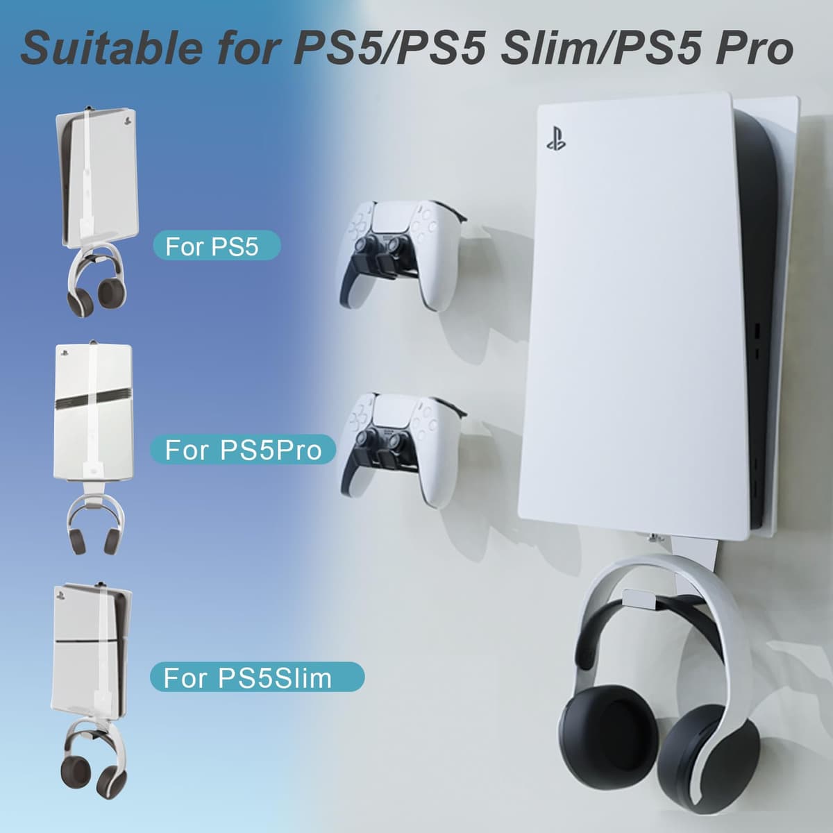 PS5 Wall Mount, Heavy-Duty Steel Mount Kit for Protection & Cooling with 2 Controller Holder and Headset Holder,Compatible with All PS5 Models Including Slim, Pro, Original. (White) — view 5