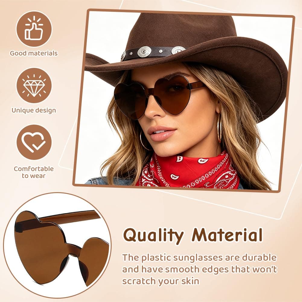 Sombrero Vaquera 3 Piezas Sombrero de Vaquero Accesorios Sombreros Vaquero del Oeste Traje Sombreros Vaquera con Pañuelo Cuadrado y Gafas para Vacaciones Fiestas Temáticas — view 5