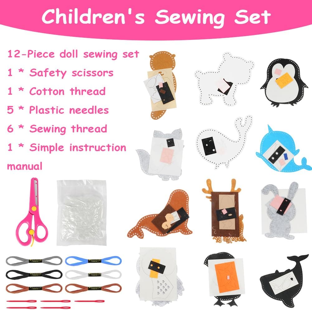 Vicloon Sewing Kit for Kids, 12-Piece Cute Animal Sewing Craft Kits, Fun Stuffed Animal DIY Kits for Kid Learn to Sew Arts and Crafts Kit, Introduction to Sewing Set for Kids Age 5-12 — view 2