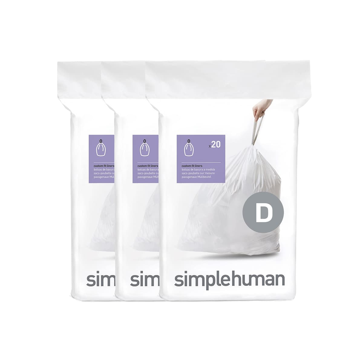 SIMPLEHUMAN CW0254 3 x paquete de 20 bolsas de basura a medida (60 bolsas), código D, plástico blanco