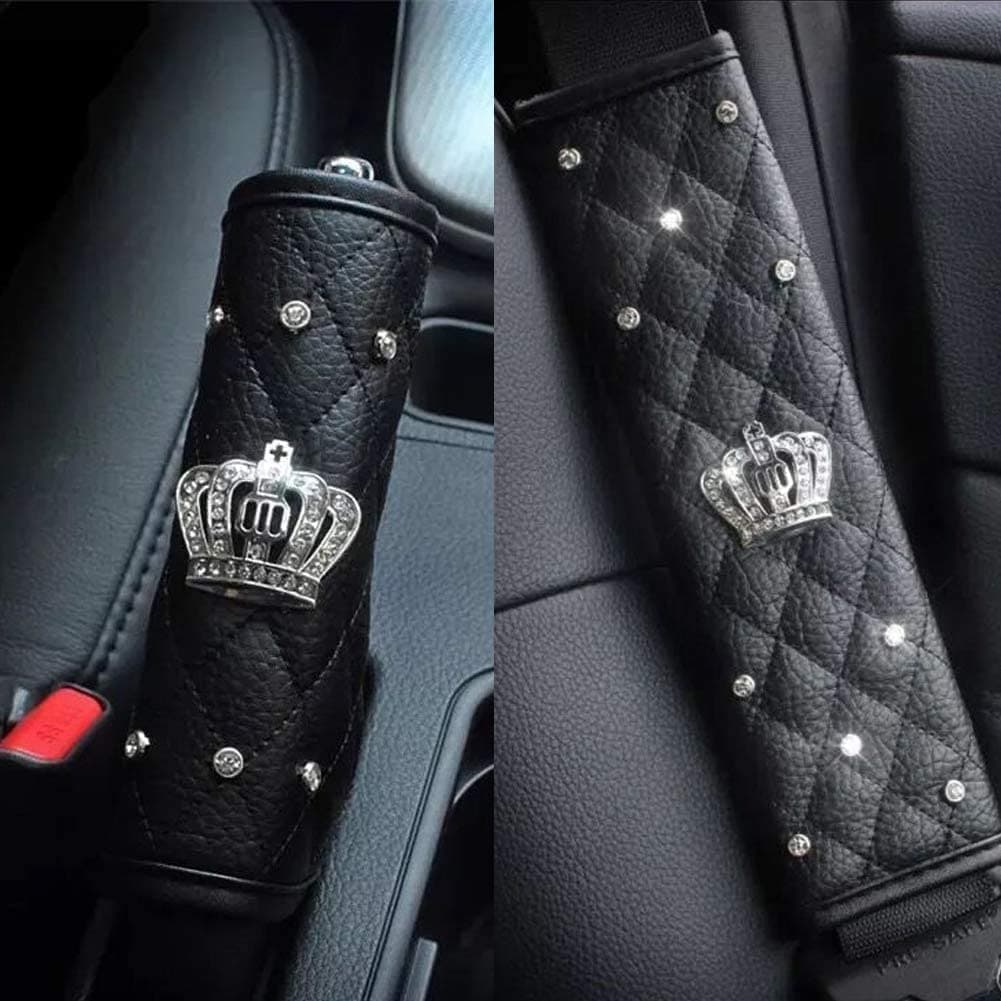eing 2PCS PU Leather Car Seat Belt Cover Shoulder Seatbelt Pad with Bling Rhinestones Crown for Adults Youth,Black