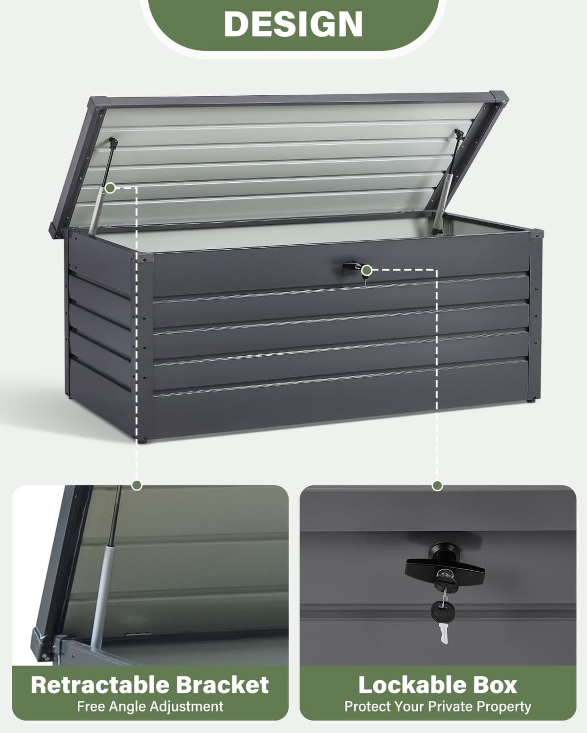 600L Extra Large Garden Storage Box Waterproof | Lockable Metal Garden Storage Box with Built-in Lock, XXL Outdoor Storage Unit for Cushion, Tools, Toys, 165x70x62 cm, Anthracite Grey — view 3