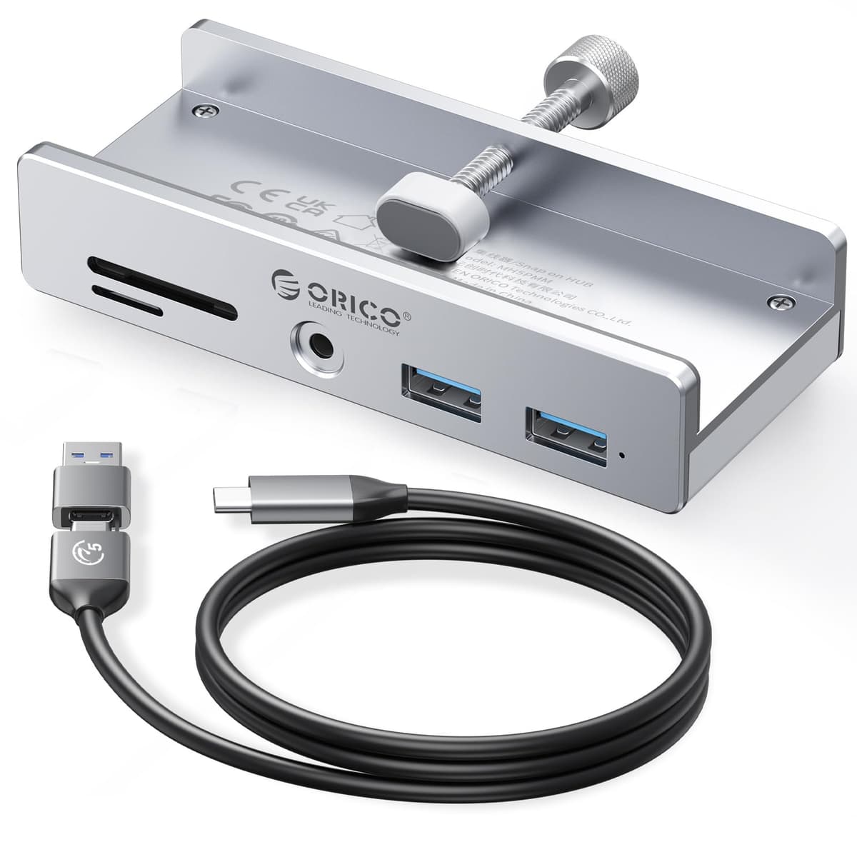ORICO USB Hub 3.0, Clamp USB Hub with Extra Power Port, Aluminum USB C Adapter with 2 USB-A Data Ports,3.5mm AUX, SD/TF Card Reader for Desktop(Black) — view 10