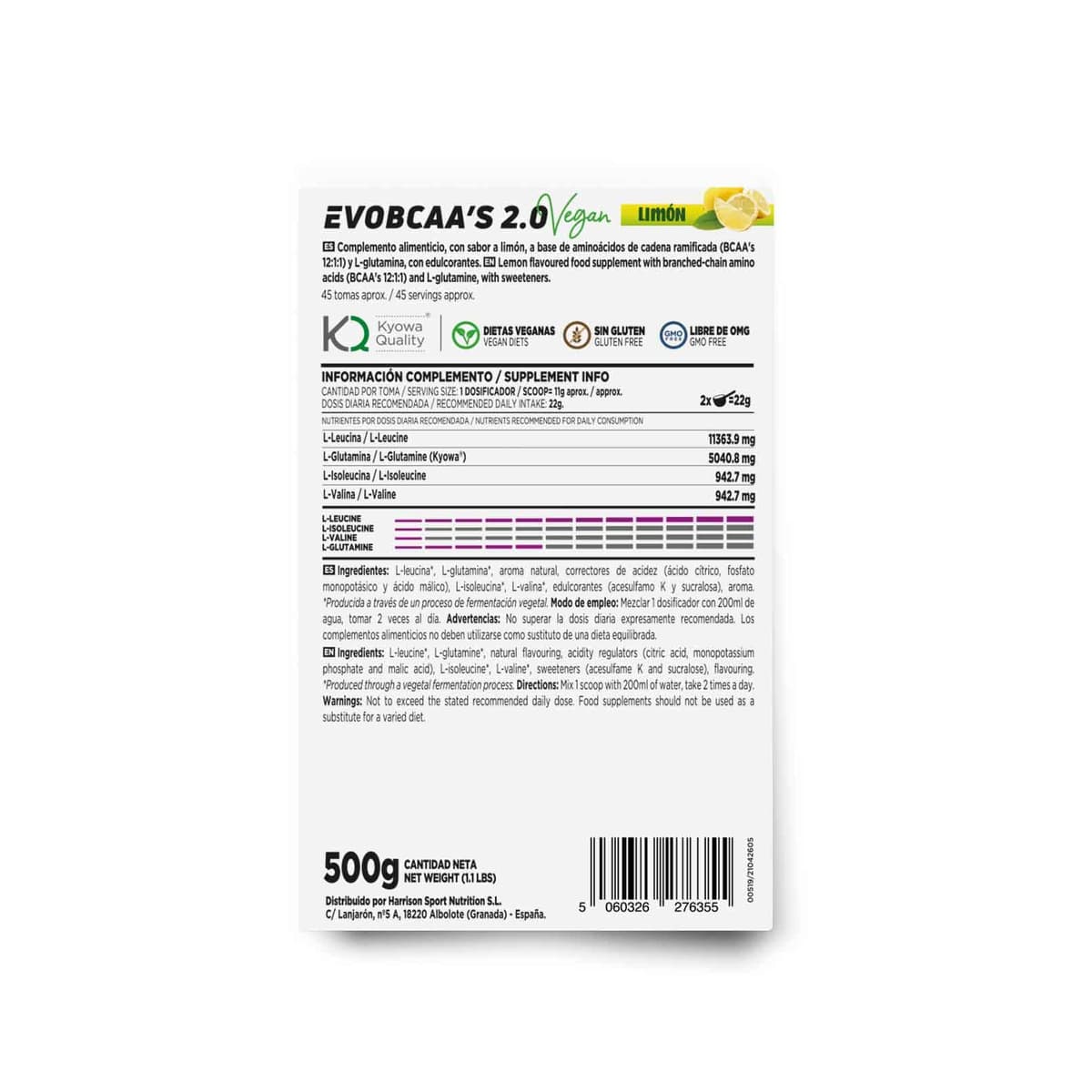 HSN BCAA con Glutamina Evobcaa's 2.0 | Limón 500g | Aminoácidos Ramificados Ratio 12:1:1 (Leucina + Valina + Isoleucina) | No Incluye Dosificador | No-GMO, Vegano, Sin Gluten — view 2
