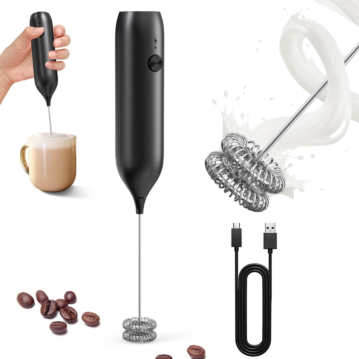 CIRCLE JOY Electric Milk Frother Handheld, Rechargeable Coffee Frother with Dual Spring Whisk, Portable Hand Frother Wand Drink Mixer for Coffee, Hot Chocolate, Cappuccino, Frappe, Matcha, Black — view 18
