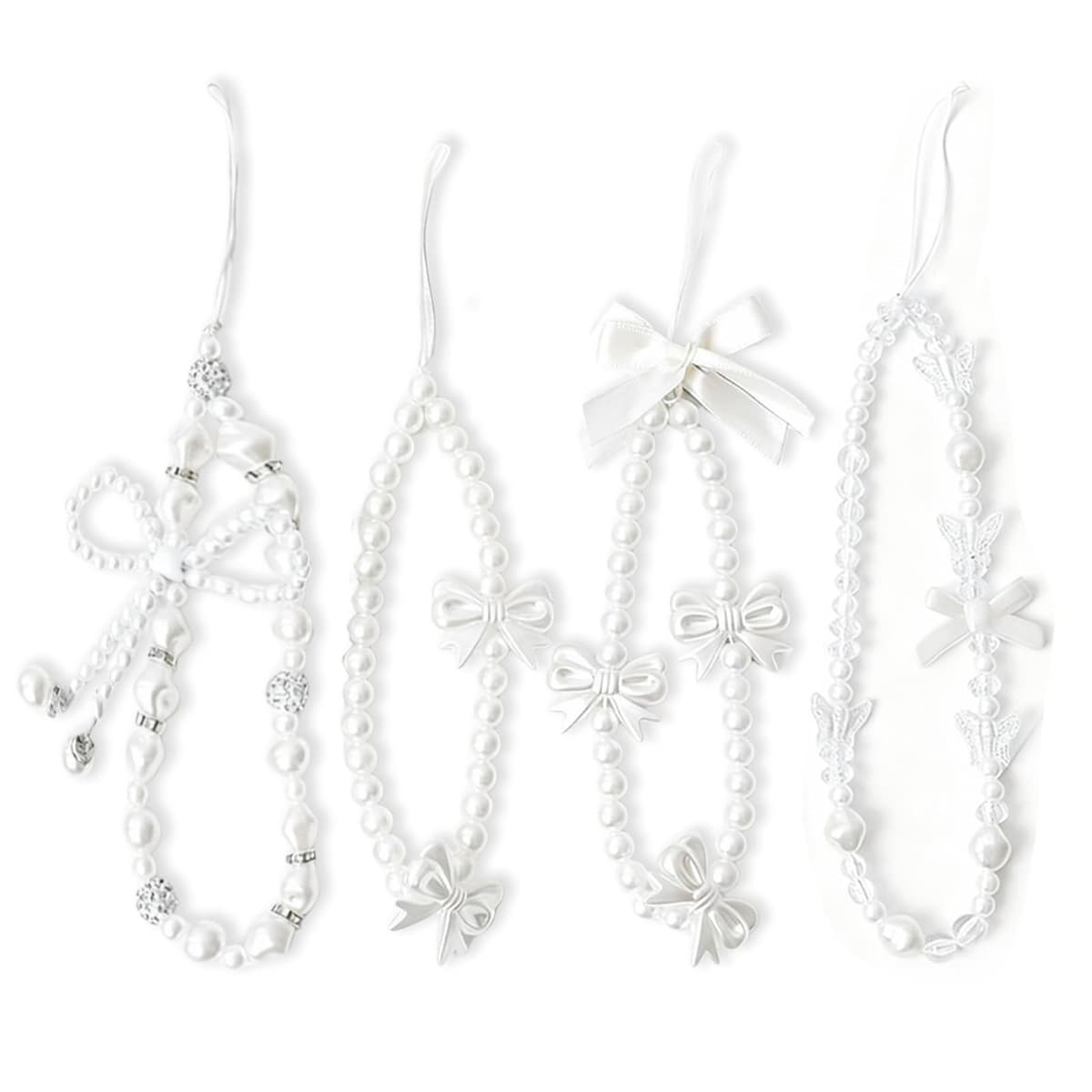 4 Pcs Cute Cell Phone Charms, White Pearl Bracelet Strap Chain Wrist Beads MobilePhone Charm Wrist Strap to Prevent Loss, Phone Case Accessories for Keychain Camera Decor