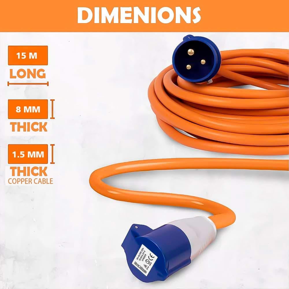 15M Extension Lead Cable - Heavy Duty 16 Amp 240V Camping Caravan Hook Up Cable - High Vis Orange - Ideal for Campervans & Motorhomes (15M) — view 3