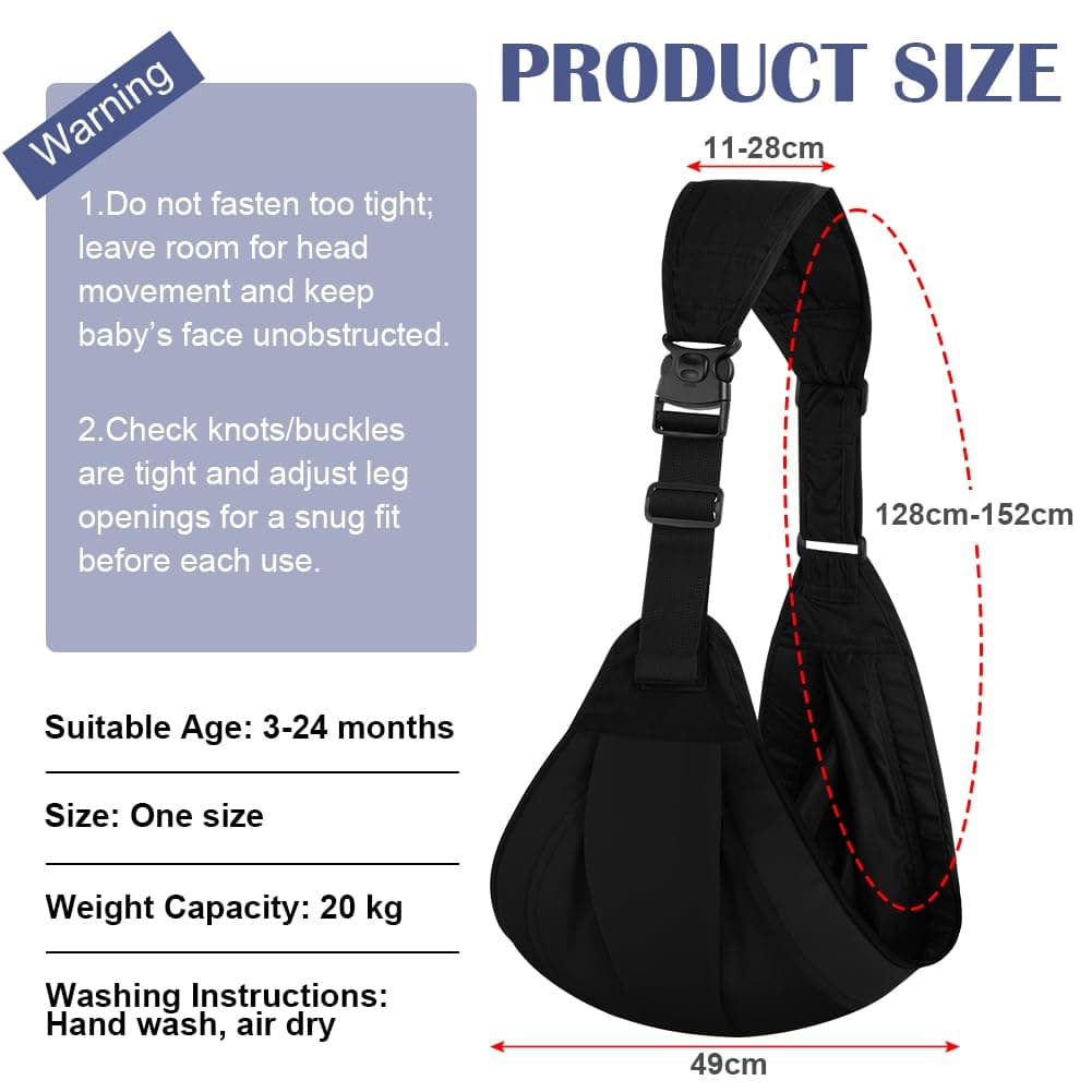 Baby Carrier, Portable Toddler Sling Carrier with Adjustable Thick Shoulder Straps, Soft Baby Sling for Newborn Up to 3-24 Months, Breathable and Comfortable(Black) — view 2