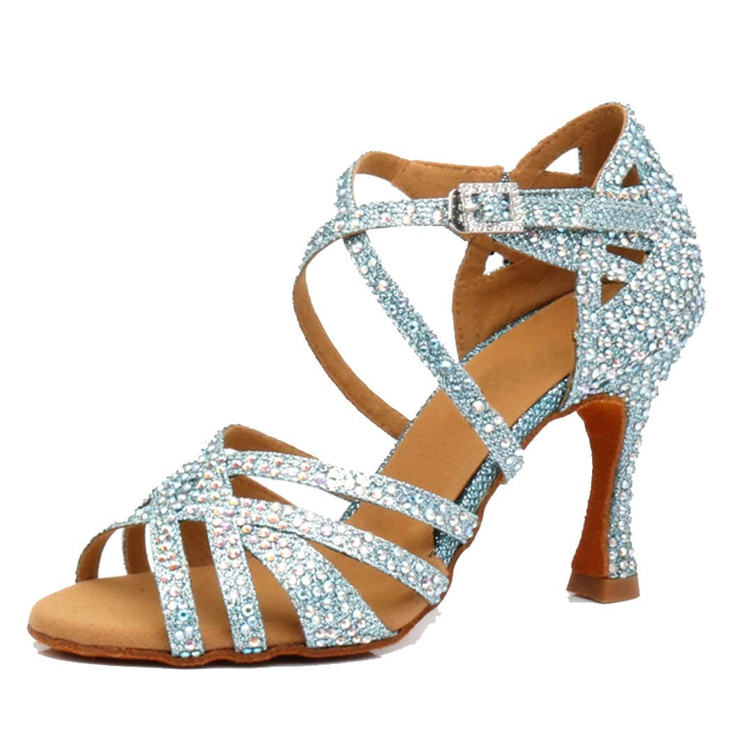 Sandalias de baile moderno latino con correa cruzada para mujer, con diamantes de imitación de tango social, bailes, Tacón marrón de 9 cm. — view 22