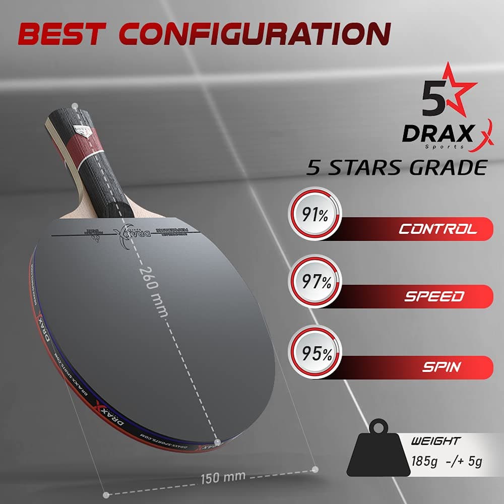 DRAXX Sports Pala Ping Pong Carbon | Raqueta de Carbono Profesional para un Control inigualable, Giro y Potencia, Ultra Ligera, Esponja de 2 mm y Revestimiento de Alto Rendimiento — view 2