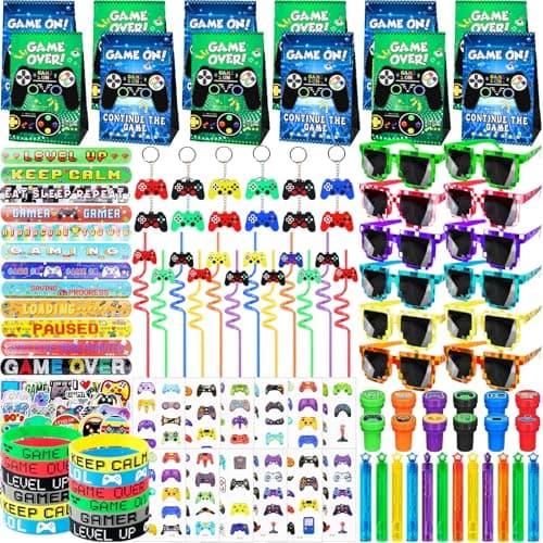 208Pcs Video Game Party Favors Pack for 12 Guest, Gamer Goodie Bag Stuffers for Kids Boys, Gaming Theme Birthday Party Decorations Supplies & Pinata Fillers
