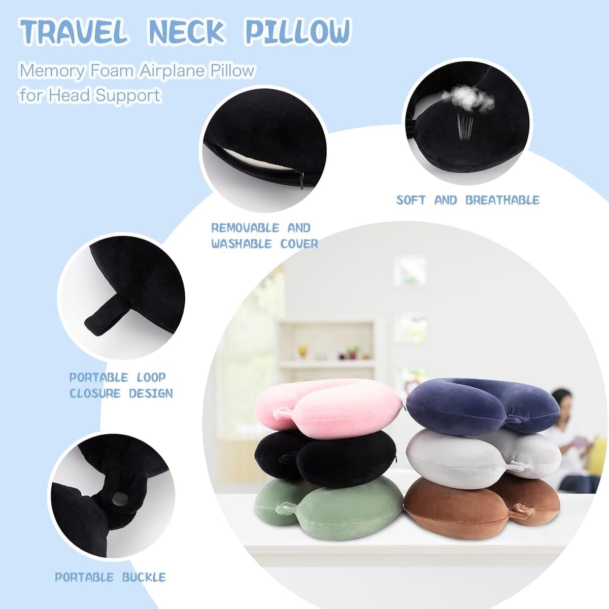 WENGX Travel Pillow Neck Pillow Memory Foam Travel Pillows Head Support Cushion for Airplane Train Car Office Travel Essentia — view 2