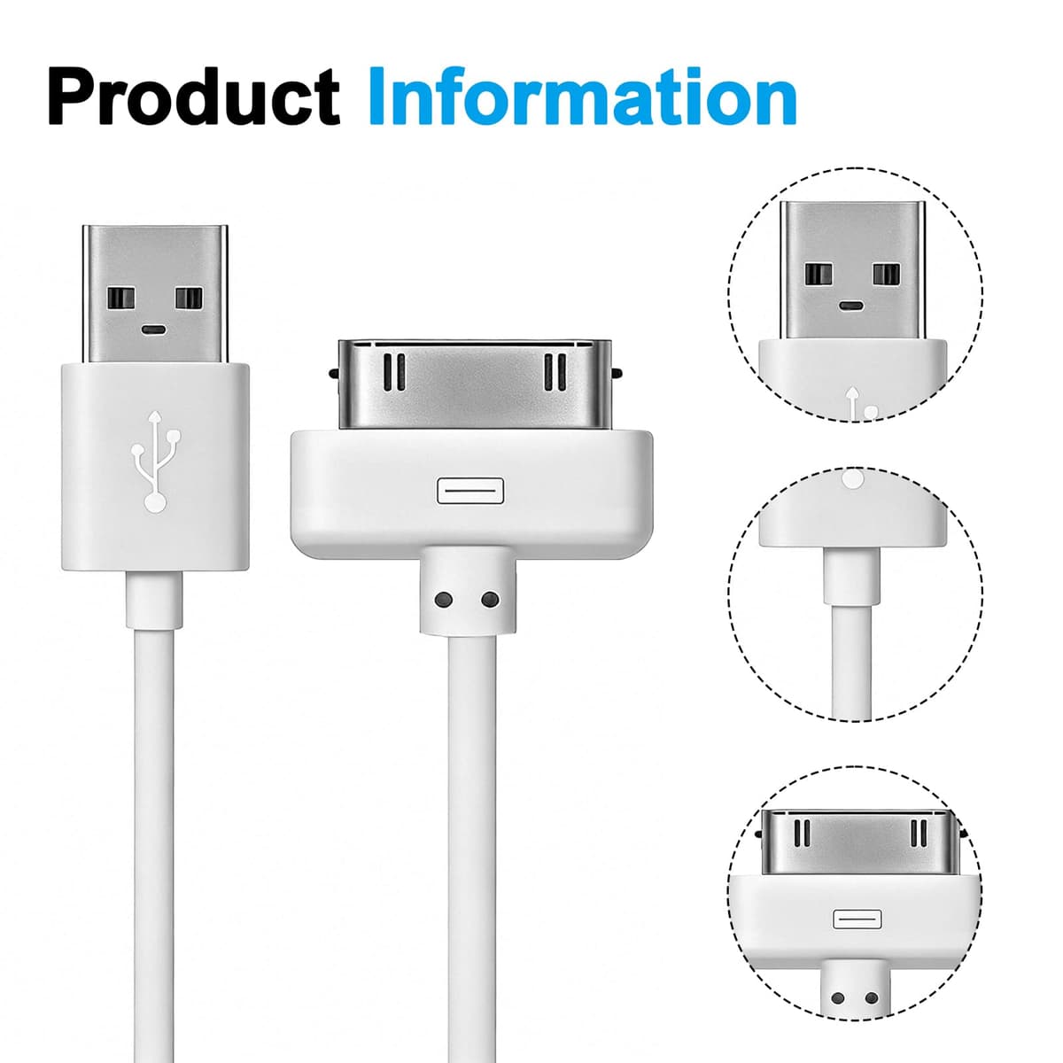 USB Sync and Charging Data Compatible With iPhone 4/4S/3G/3GS, iPad 1/2/3, iPod Touch/Classic, Old 30-Pin Devices, 1M, White — view 3
