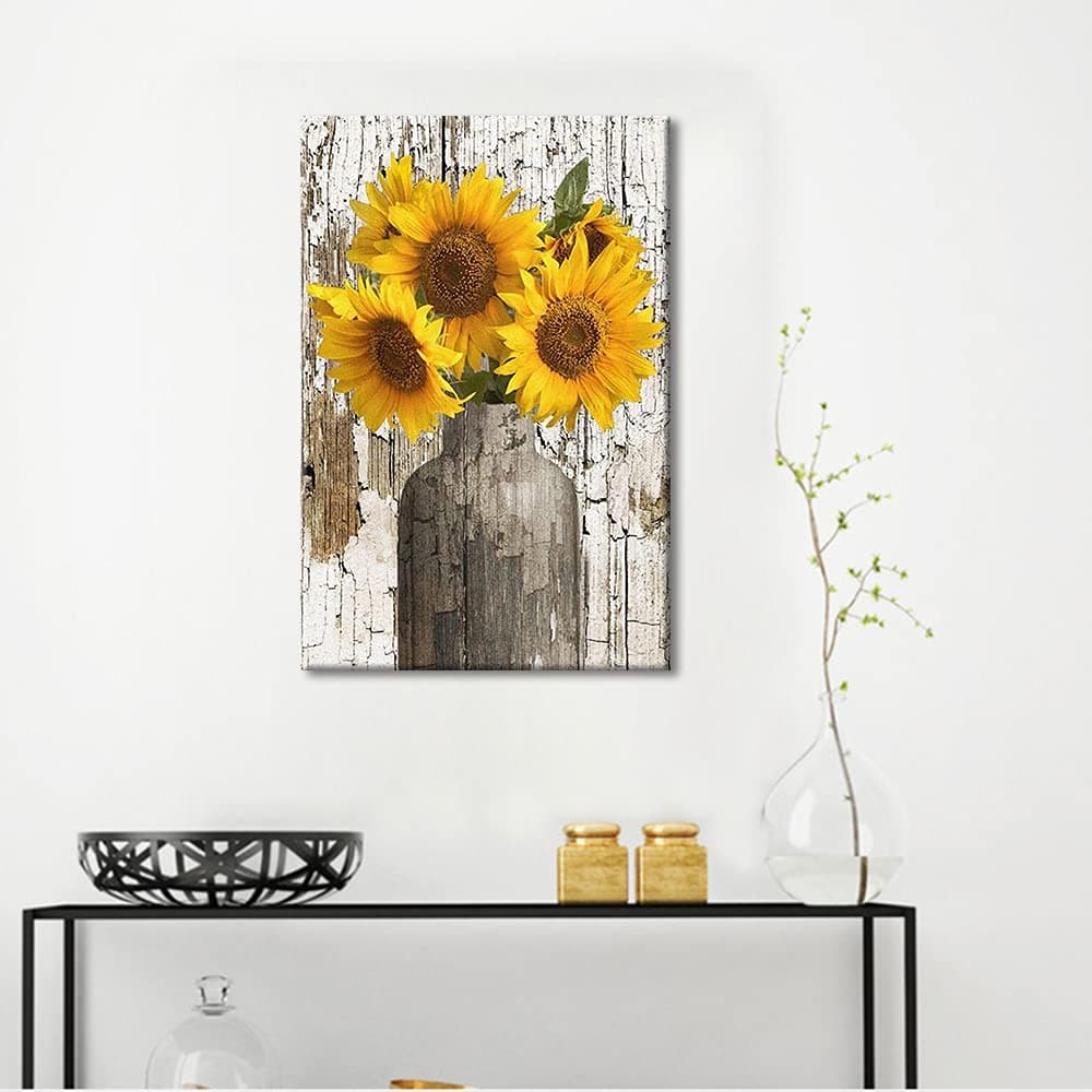 TISHIRON Rustic Yellow Sunflower in Vase Farmhouse Cottage Countryside 18"x12" Canvas Wall Art Prints Framed Picture Photo Painting Home Decor Ready to Hang — view 3