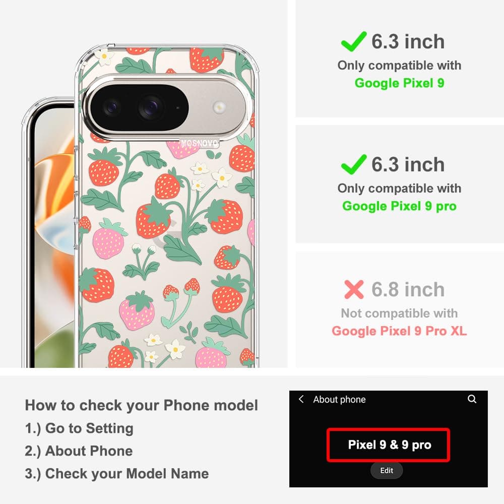 MOSNOVO Case for Google Pixel 9 & Pixel 9 Pro, [Buffertech 6.6ft Military-Grade Drop Protection] [Anti Peel Off Tech] Clear TPU Bumper Phone Case Cover Design - Strawberry Garden — view 2