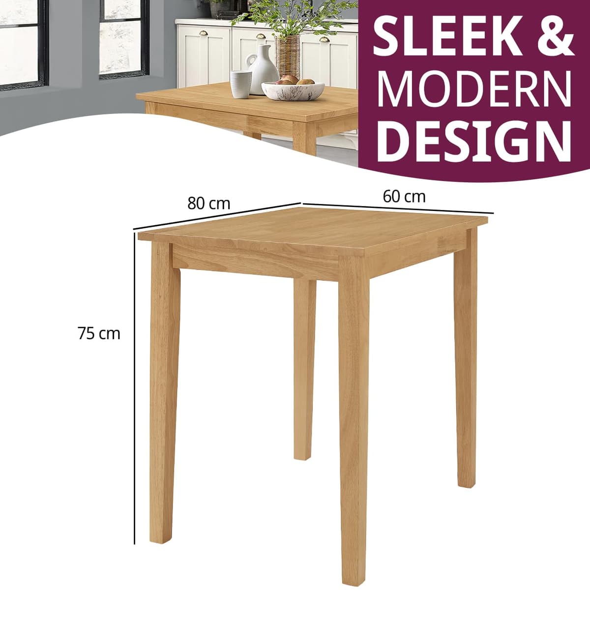 Hallowood Furniture Ledbury Small Rectangular Light Oak Kitchen Table, Wooden & Space-Saving Dining Table for Home, Kitchen, Offices, Apartments and Cafe (80cm) — view 3