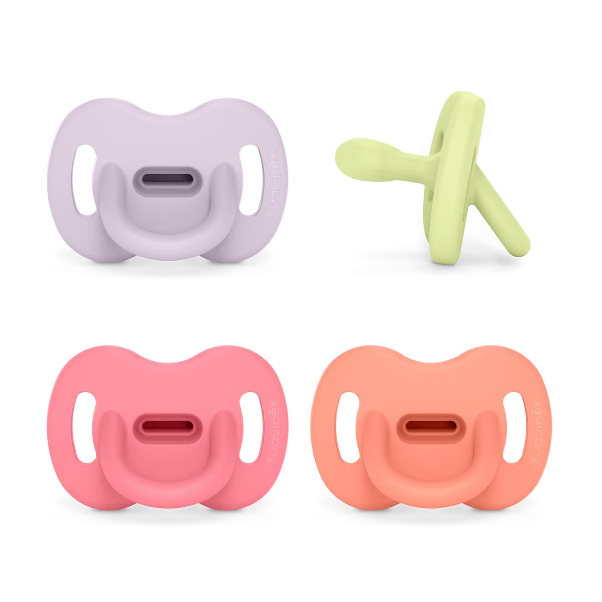 Suavinex, Pack 4 Chupetes Todo Silicona, para Bebés 0/6 Meses y Recién Nacidos, con Tetina Fisiológica SX Pro, Súper Blandito y Flexible, Ideal para Dormir, Respeta Desarrollo Bucodental, Rosa, Verde