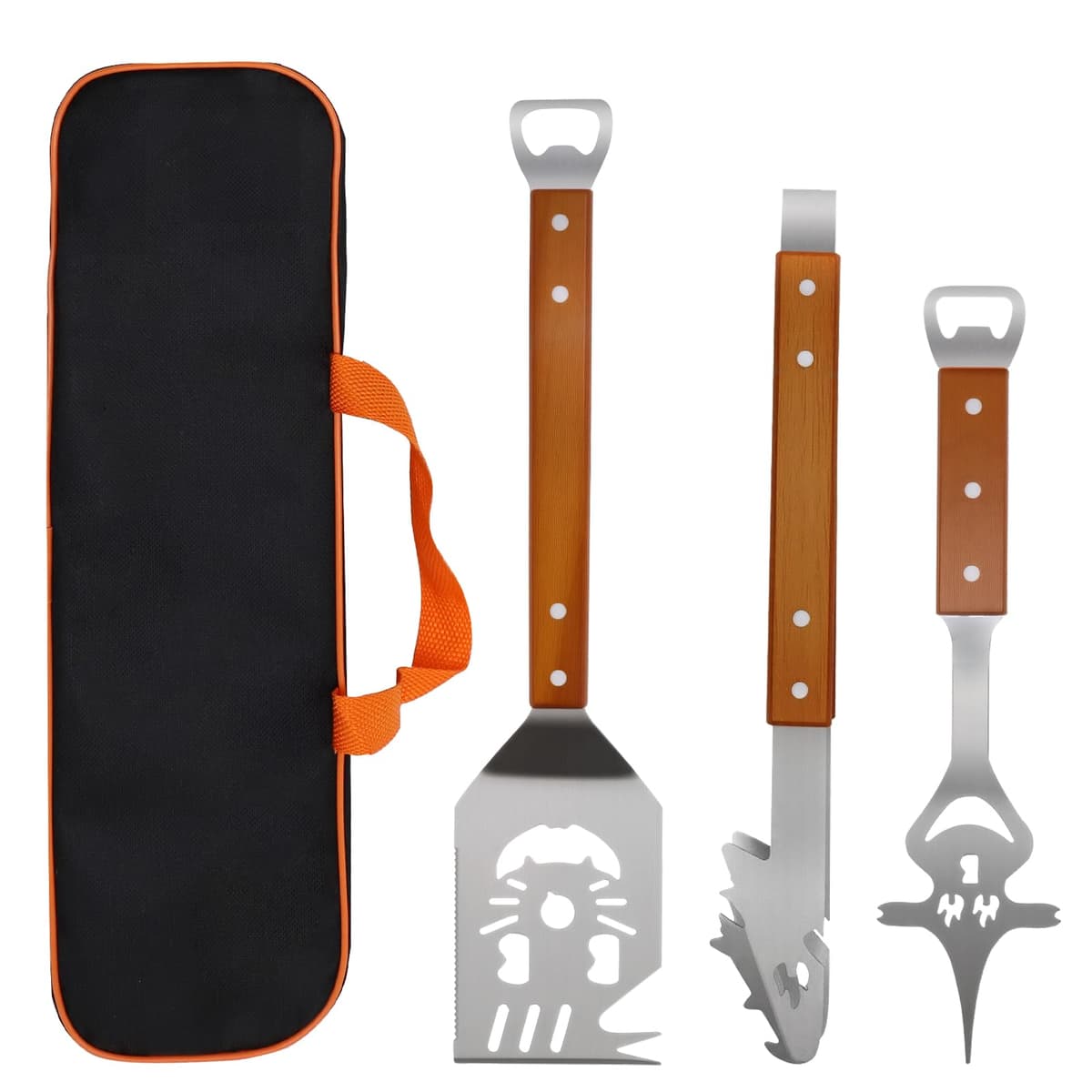 3 Pcs Multifunction Barbecue Tool Set for Men Gift Birthday with Grill Spatula, Tongs, Fork Heavy Duty Barbecue Accessories Kit with Bag for Outdoor Camping