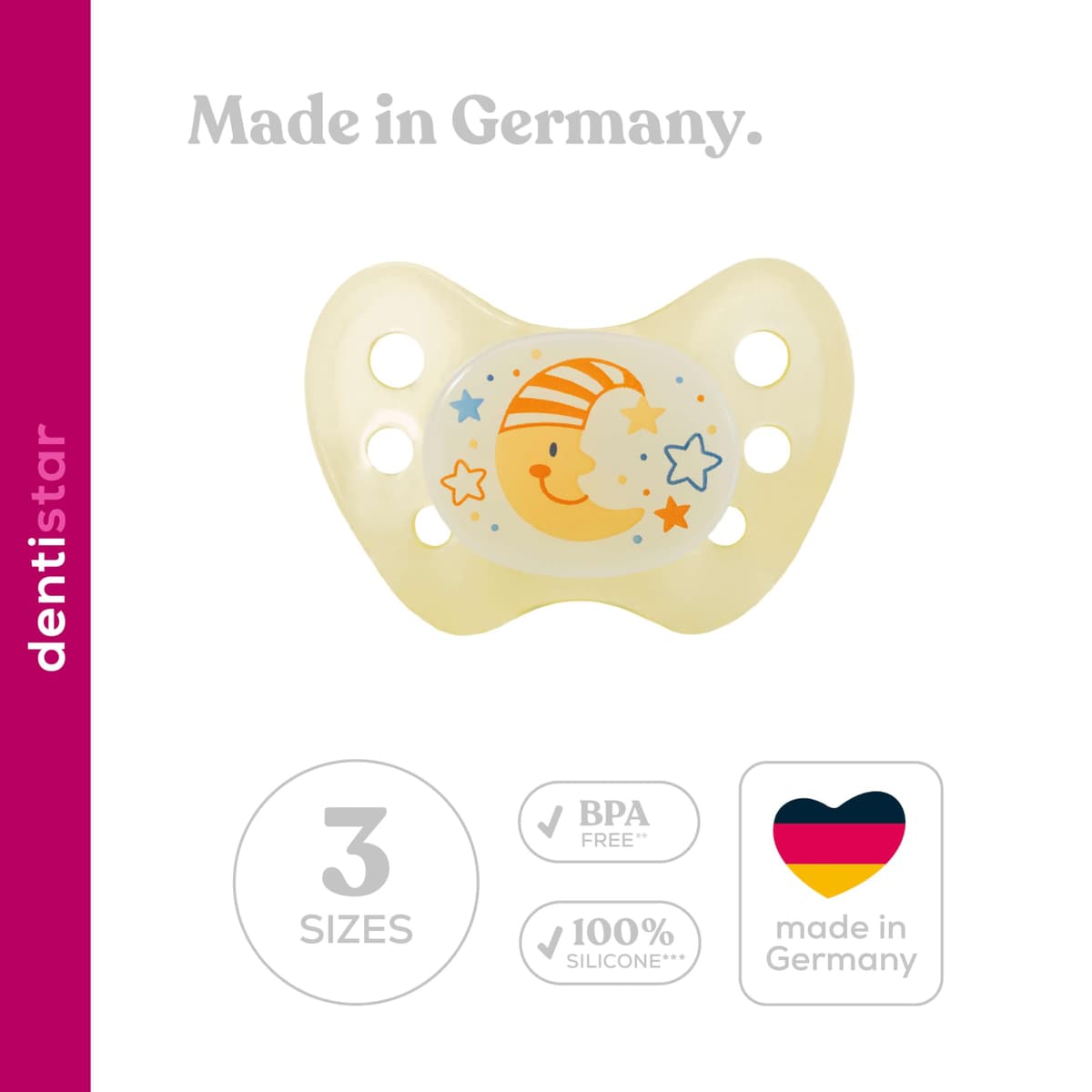 dentistar Night Silicone Soother Set of 3 - Size 3, from 14 Months - Silicone Soother with Dental Step - Glow in The Dark Baby Dummy - Made in Germany - Moon, Yellow — view 5