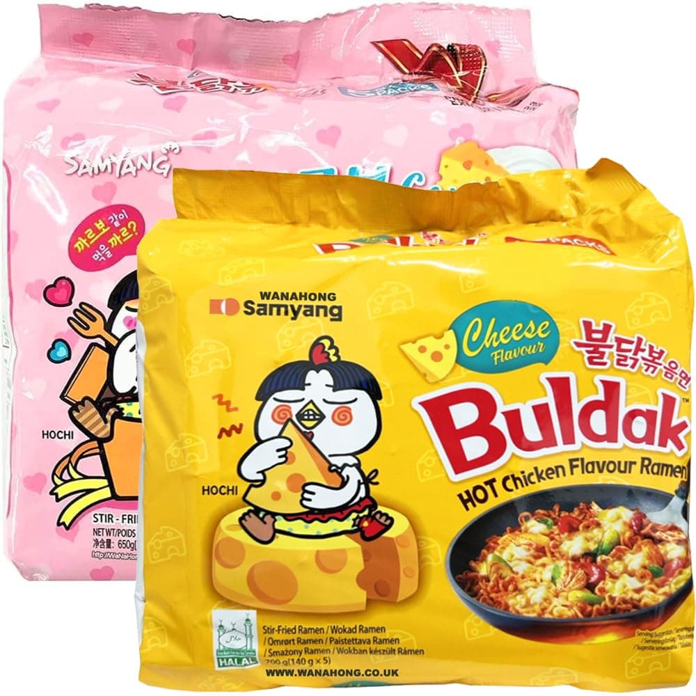 Caja de fideos ramen Samyang picantes con sabor a pollo WaNaHong (5 paquetes de sabor carbonara y 5 paquetes de sabor a queso)