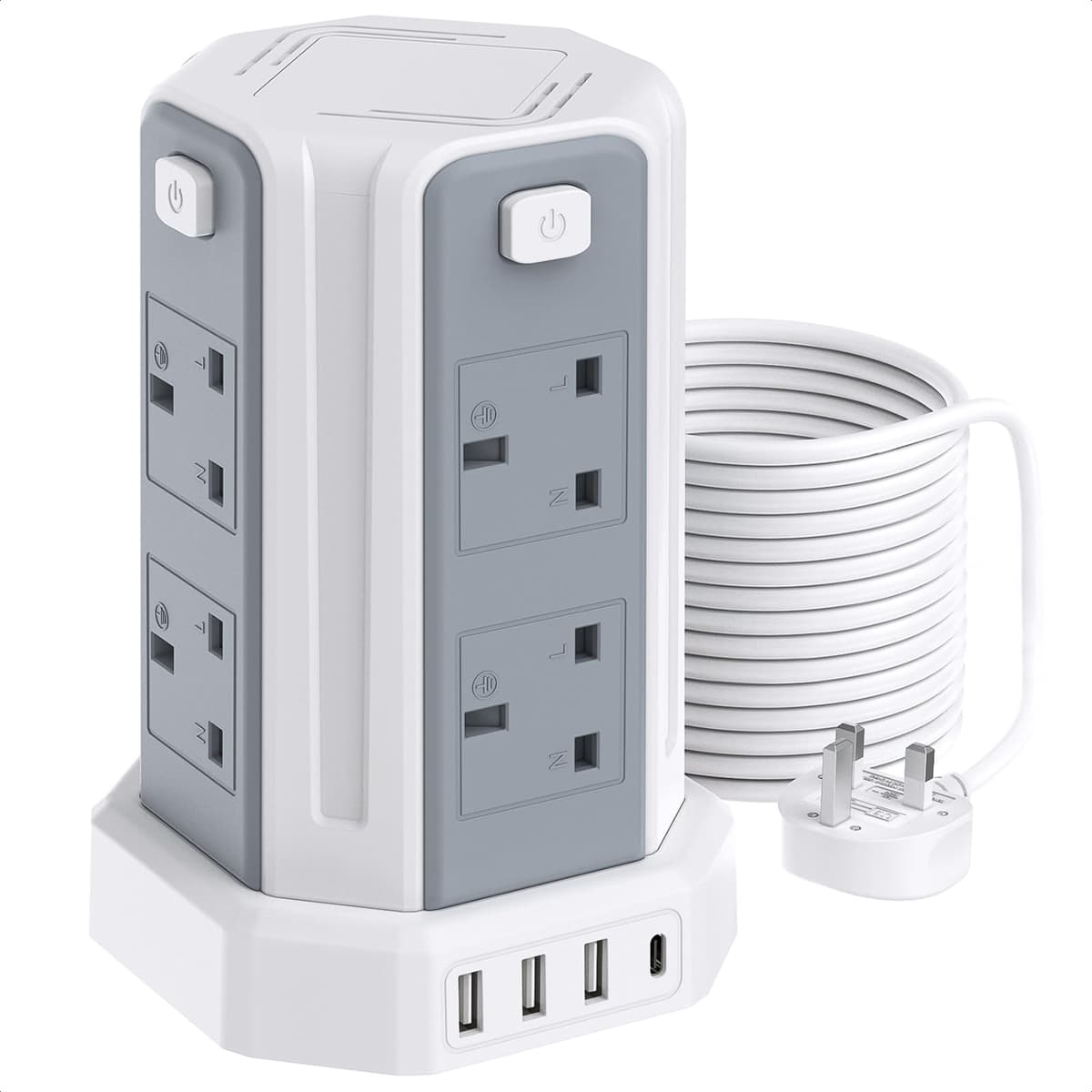 Tower Extension Lead 3M (3250W 13A) Extension Tower 8 AC Outlets & 4 USB Ports, Surge Protection Extension Lead with 4 Independent Switch, 17W USB C Ports Extension Cable 3M for Office, Home, Kitchen — view 9